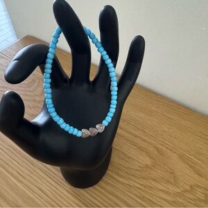 Glass Elastic Beaded Bracelet Metal Antique Silver Plated Carved Heart Blue